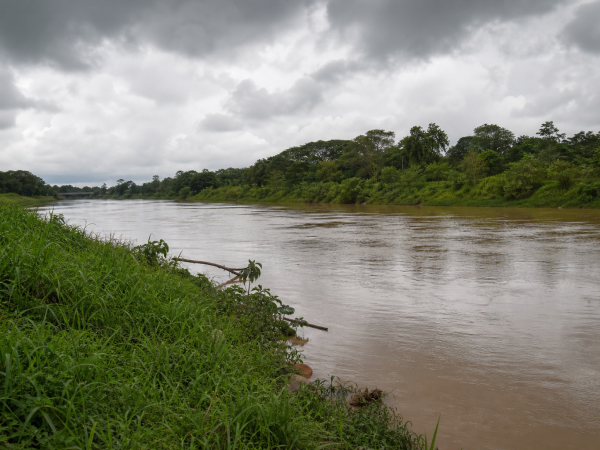 Rio Acre em Rio Branco durante período de aumento das chuvas, com margem ribeirinha e vegetação amazônica ao fundo