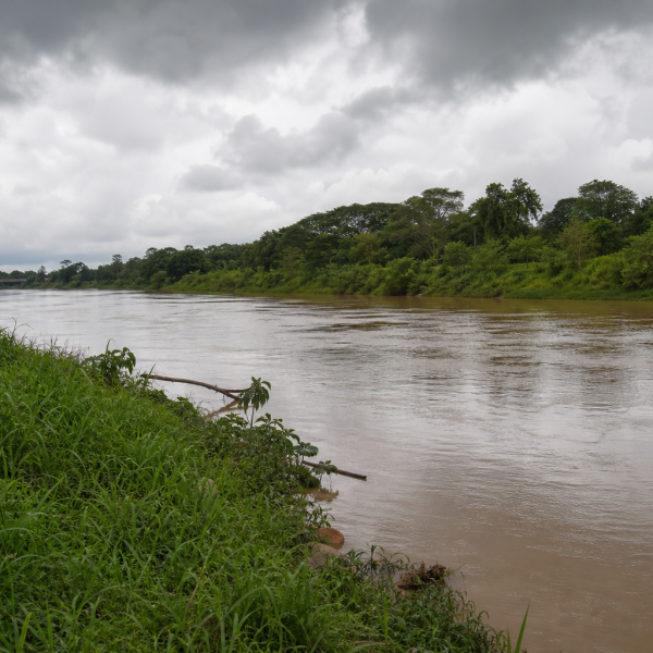 Rio Acre em Rio Branco durante período de aumento das chuvas, com margem ribeirinha e vegetação amazônica ao fundo