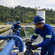Área externa do Serviço de Água e Esgoto de Rio Branco, com estrutura da autarquia e trabalhadores em atividade, sem textos legíveis ou placas identificáveis.