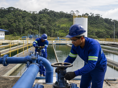 Área externa do Serviço de Água e Esgoto de Rio Branco, com estrutura da autarquia e trabalhadores em atividade, sem textos legíveis ou placas identificáveis.