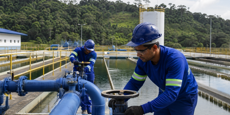 Área externa do Serviço de Água e Esgoto de Rio Branco, com estrutura da autarquia e trabalhadores em atividade, sem textos legíveis ou placas identificáveis.